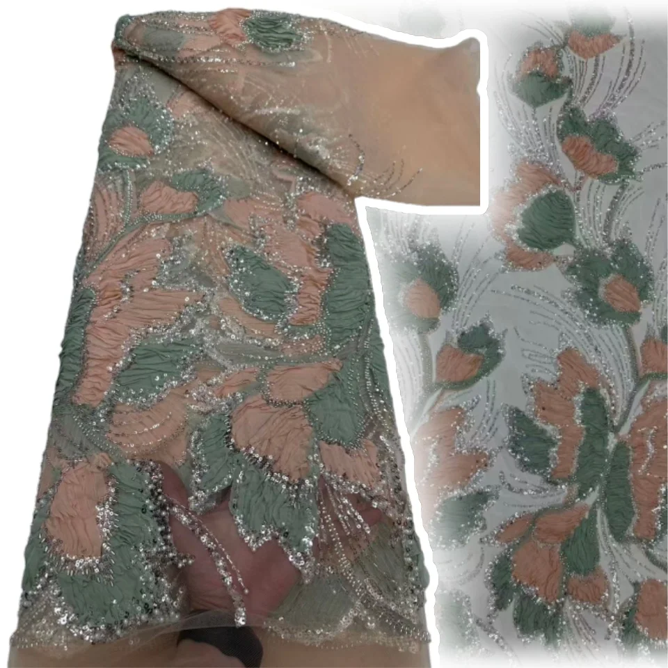 

African Lace Fabric 2025 High Quality 5yard French Luxury Lace Embroidery Fabric Net Lace with Beads Fabrics for Sewing CC1735