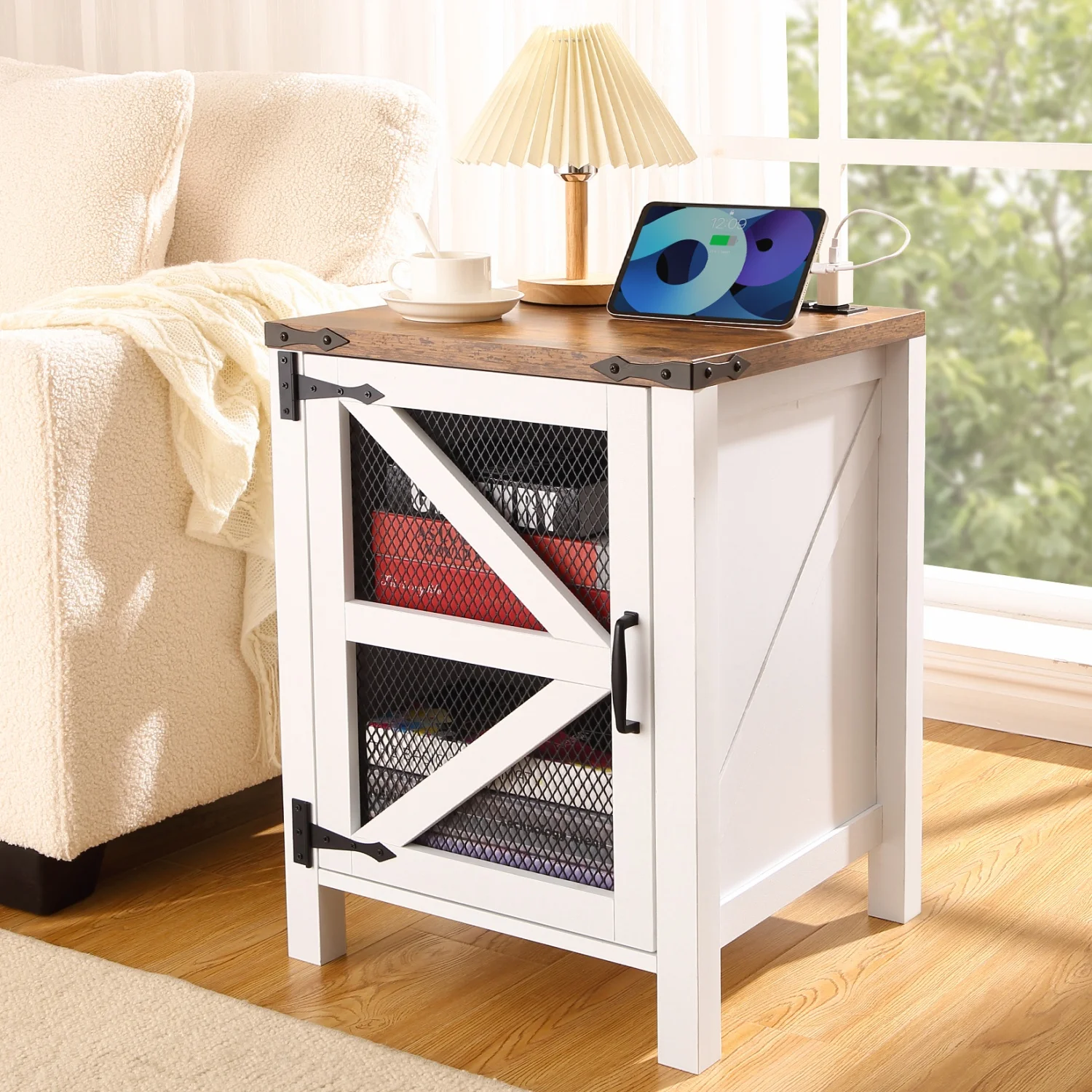 Farmhouse End Table with Charging Station, Nightstand with Barn Door, Wood Sofa Side Bedside Table with Storage for Living Room