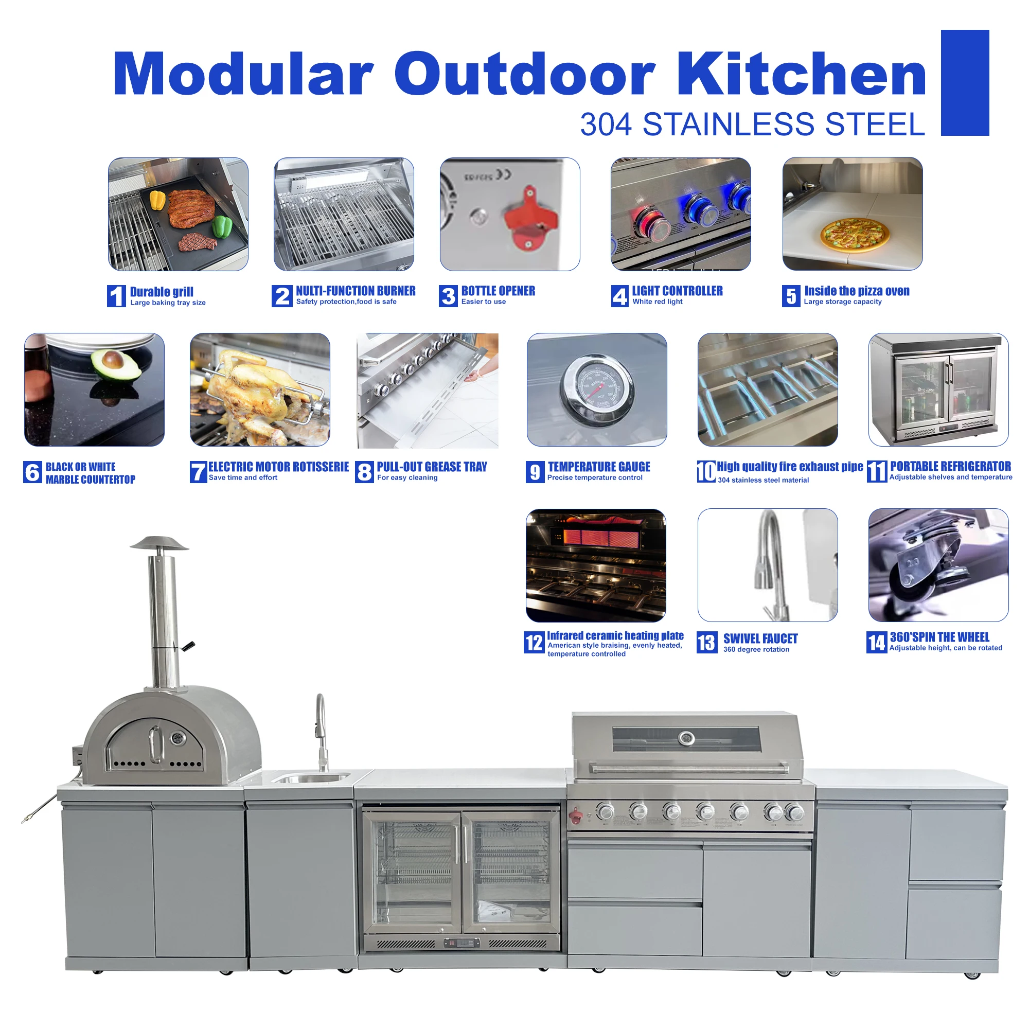 Factory Direct Custom Outdoor Kitchen Gas Burner Grill Powder Coated Stainless Steel Pizza Oven Smokeless Sink Family Parties 3
