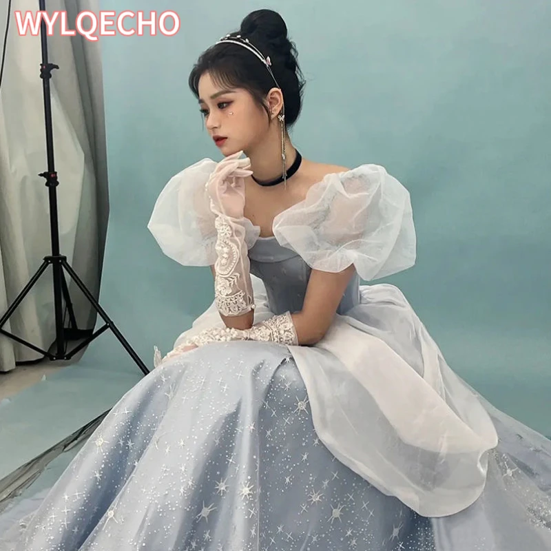 Blue Prom Dress Engagement Jacquard Dress France Vintage Sweet Korean Princess Fairy Dress Evening Party Dress