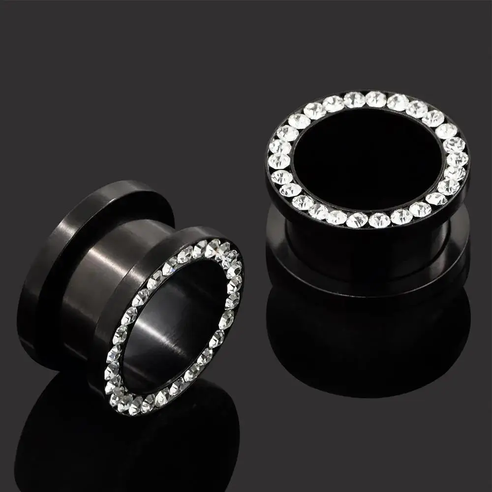 1/2Pairs Black Silvery Zircon for Ears 316L Surgical Steel Fit Single Flared Tunnels Plugs Earrings Hollow for Women Men Jewelry