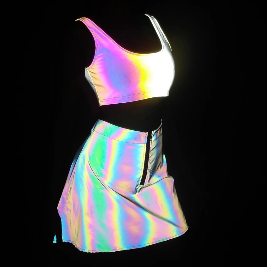 Summer 2025 New High Waist Skirt Women Reflective Colorful A-Line Fashion Lady Streetwear Reflect Light Sundress Femme Jupes