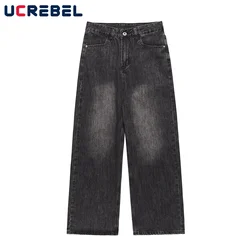 Washed Distressed Autumn Winter Jeans Mens Casual Wide Leg Pants High Street Loose Straight-leg Pants Men