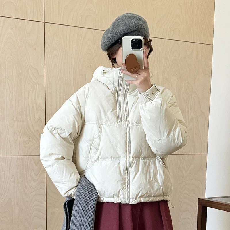 후드가 있는 가을 겨울 따뜻한 캐주얼 루즈 오버사이즈 따뜻한 아우터 2026년 신상 숏코트 여성용 화이트 덕다운 재킷