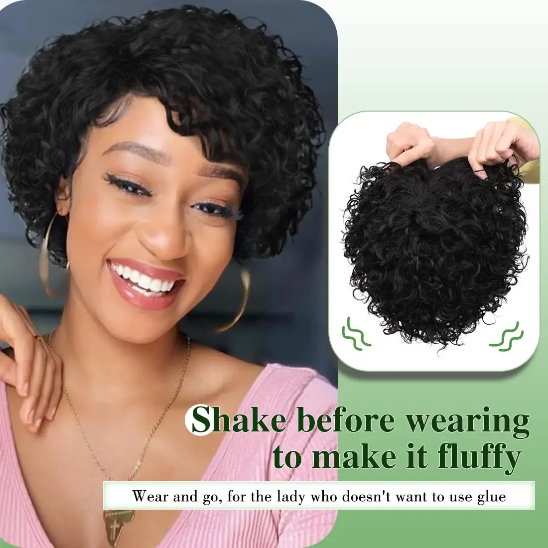 Curto encaracolado Pixie corte perucas de cabelo humano para mulheres negras, máquina feita, parte lateral, profundo, sem cola, cabelo remy