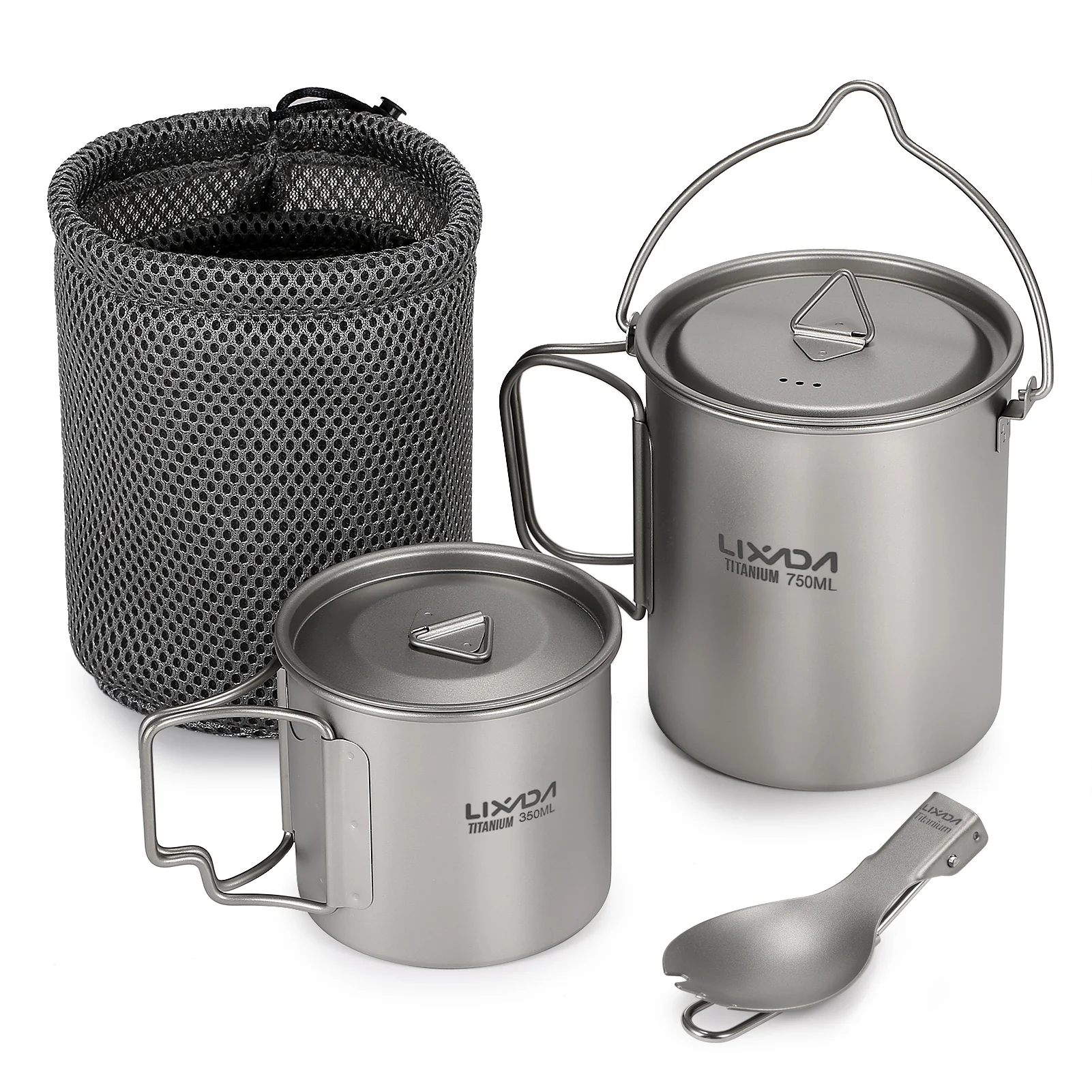 Lixada Titanium Cup Pot Tableware Set Outdoor Camp Titanium 750ml Pot 350ml Water Cup Mug w Lid Collapsible Handle Folding Spork