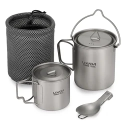 Lixada Titanium Cup Pot Tableware Set Outdoor Camp Titanium 750ml Pot 350ml Water Cup Mug w Lid Collapsible Handle Folding Spork