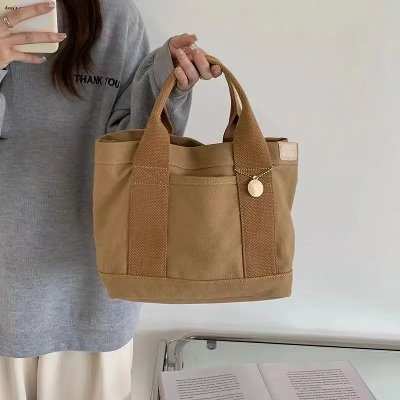 Simple Canvas Small Bag Vintage Women Handbags for Work Commuting Carrying Bag Solid Color College Handbag Casual Bookbag