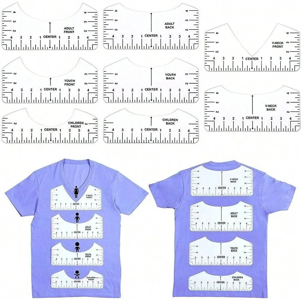 8Pcs PVC V-neck Ruler Neck Rule for Collar Round T-Shirt Measurement Tools DTF Alignment Guide Set Kit For Clothes Accessories