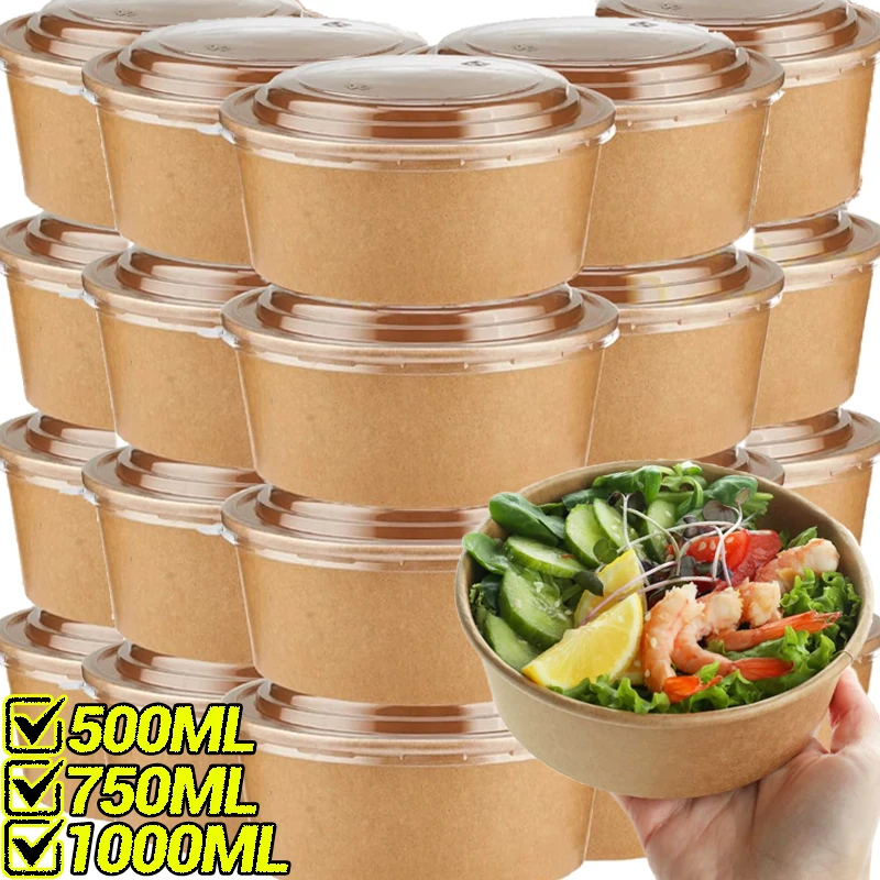 

Kraft Salad Paper Bowls with Lids Biodegradable Disposable Tableware 500/750/1000ML Portable Meal Prep Takeout Bento Containers