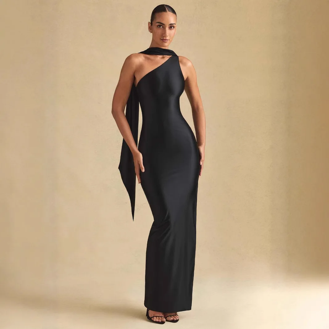 

2025 New Style Women's Halter Off-Shoulder Satin Dress - Luxury High Stretch Sexy Fitted Bodycon Midi