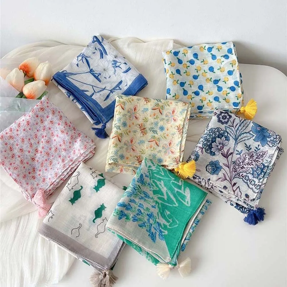 Tassel Muffler Cotton-Linen Square Scarf Fringed 60x60cm Floral Kerchief Cherry Print Breathable Neck Neckerchief Sun-Protection