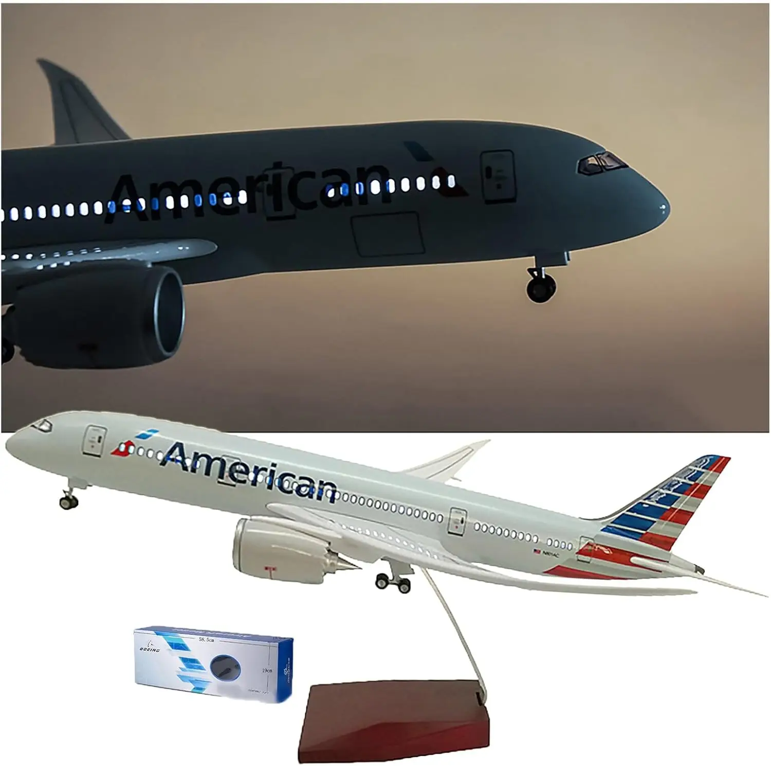 1/130 Scale Aircraft American Airlines 787 B787 Miniature Airplane with Landing Gear Wheels Light(Touch or Sound Control)