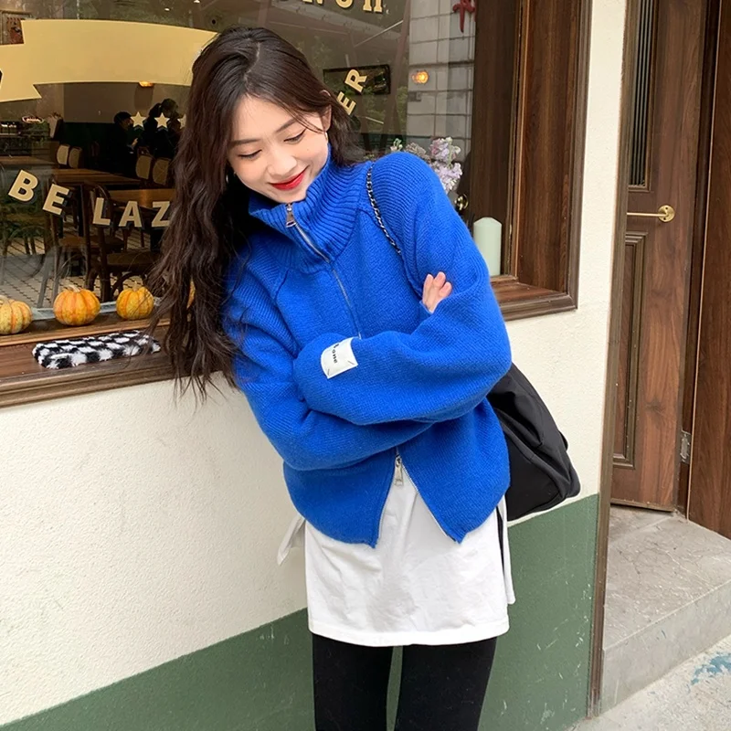 Klein Blue Zip-up Cardigan sweater Women  New Spring and Autumn Korean Series Fashion Fried Street Short All-Matching Top