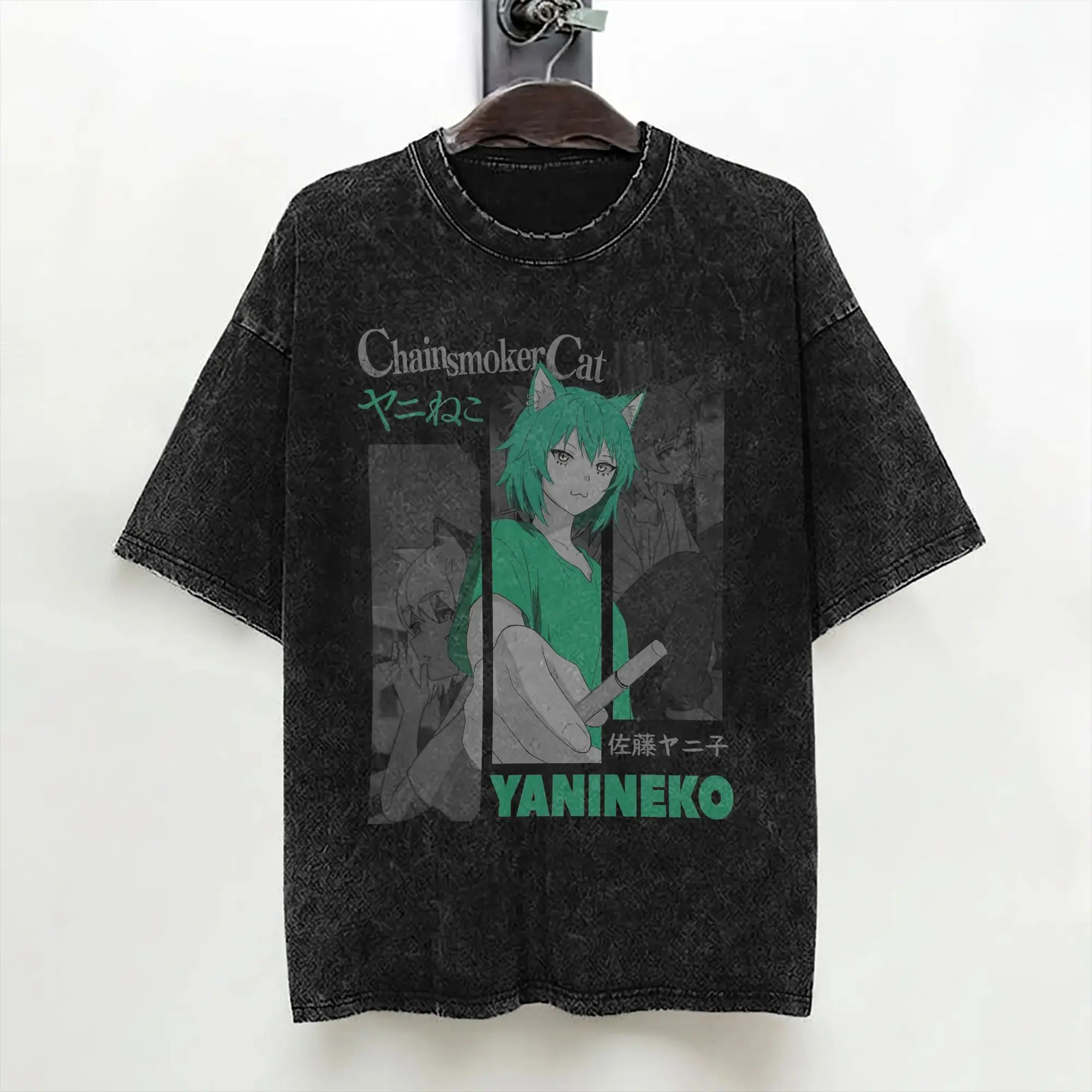 Chainsmoker Cat Yani Neko Anime T-Shirt, gewaschen, 100% Baumwolle, Oversize T-Shirt, Vintage für Männer und Frauen, Streetwear, Sommer-T-Shirt – Detail 2