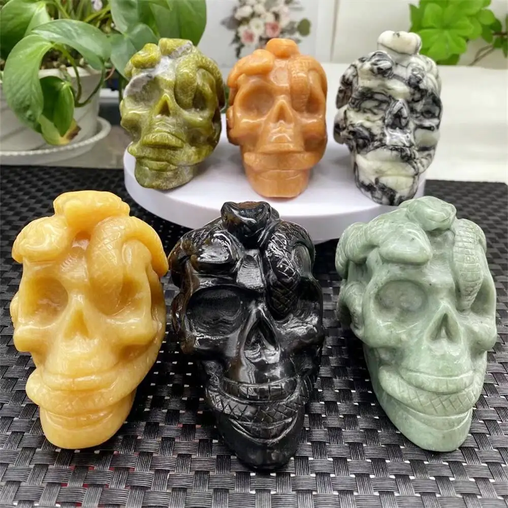 

Natural Crystal Quartz Snake Wrapped Skull Quartz Healing Fashion Home Office Decoration Christmas Gift 1pcs