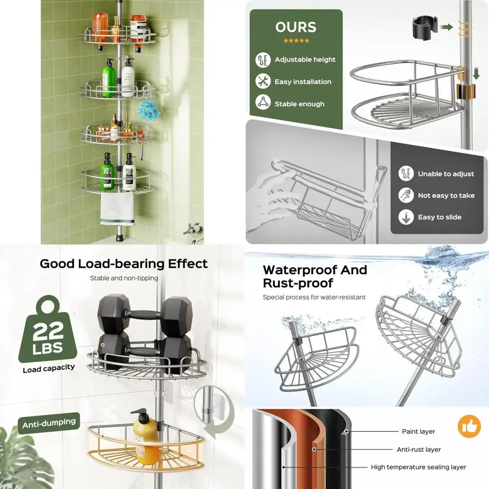 Corner Shower Caddy Tension Pole: 4-Tier Rust-Resistant Adjustable Bathroom Organizer Shelves - 47-121 Inch No-Drill Quick Inst