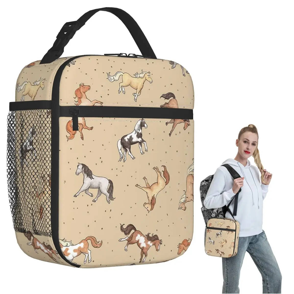 

Термосумка для обедов с принтом «Рассыпанные пятнистые лошади на фоне таупового цвета» для женщин и детей, герметичная, для еды, термосумка-тоут