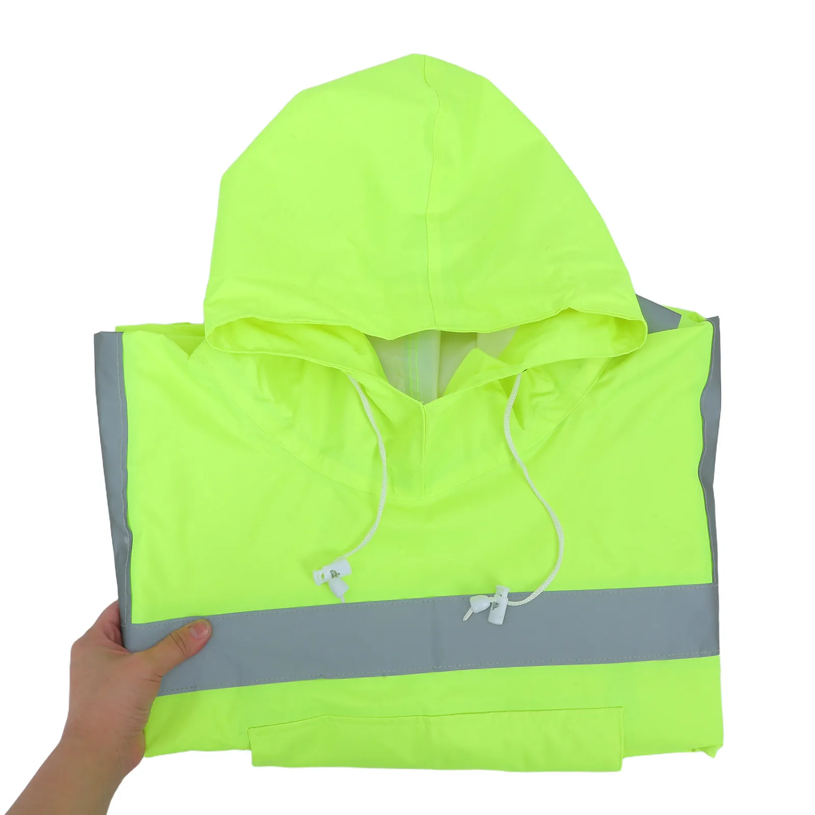 

Mens Hooded Fluorescent Rain Poncho High Visibility Reflective Stripes Safety Raincoat Waterproof Adjustable Drawstring Outdoor