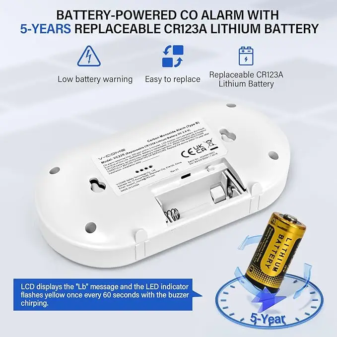 Alarme de monóxido de carbono com display LCD digital, detector de monóxido de carbono com bateria Li CR123A de longa duração, EN 50291, VC22R