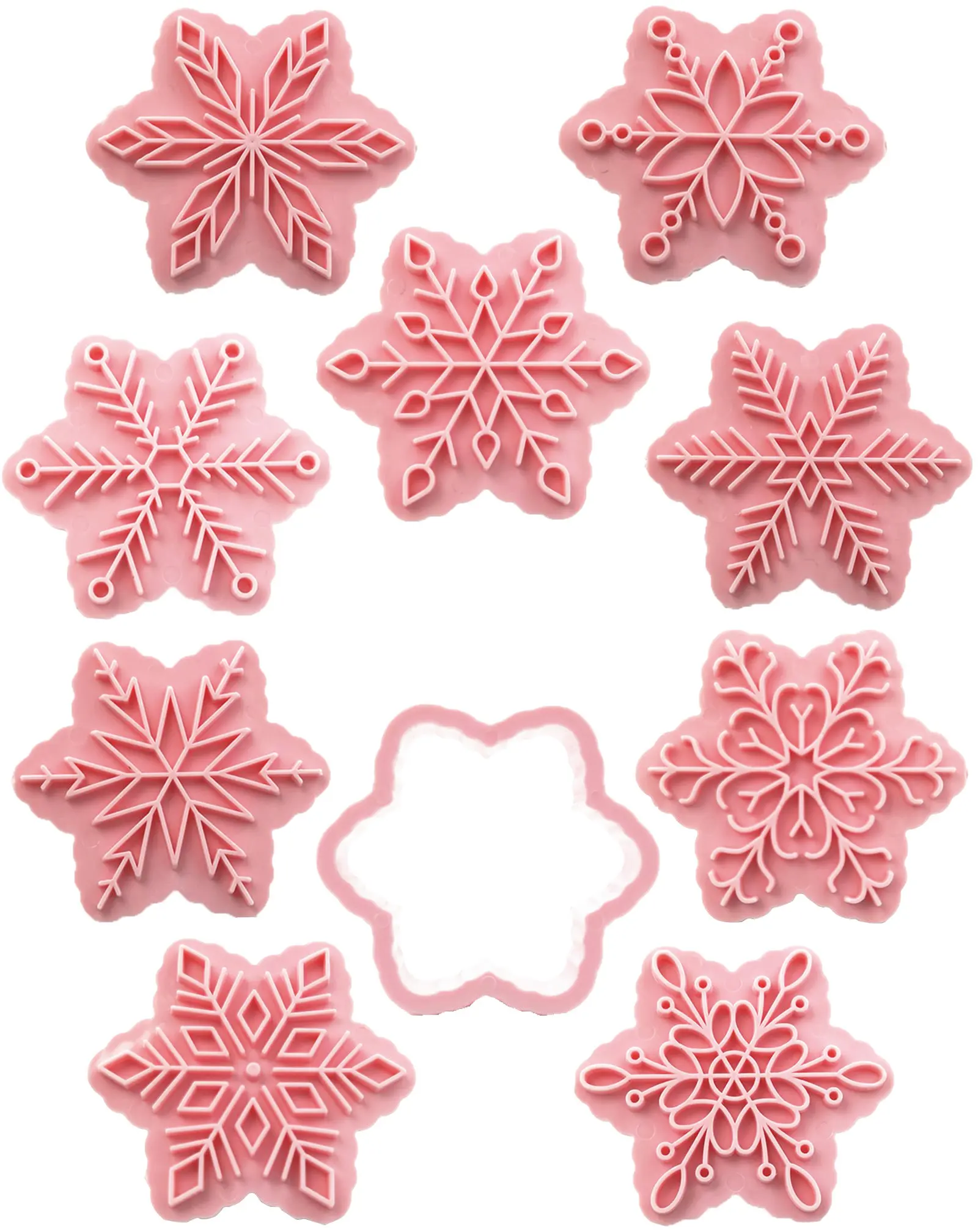 

9 Patterns of Food Grade Plastic Pink 3D Snowflake Cookie Stamps Set, Pastry Biscuit Cake Baking DIY Molds Fondant Stampers