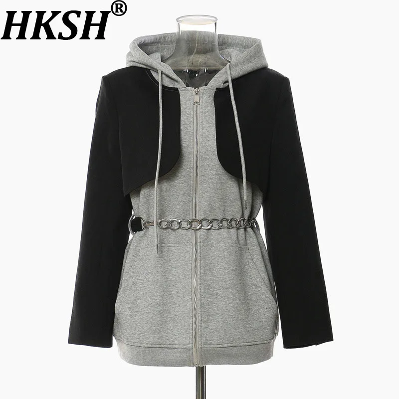 

HKSH осенняя новая женская толстовка с капюшоном в стиле пэчворк с цветными блоками, искусственная двухсекционная цепочка на молнии с поясом, элегантный уличный топ HK11177