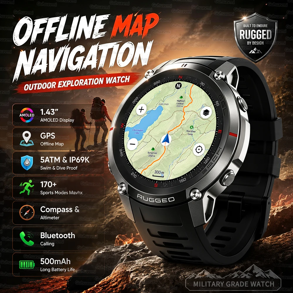 

2026 New GPS Navigation Offline Map Smart Watch 1.43'' AMOLED Display Bluetooth Call 5ATM Waterproof Military Sports Watch Men