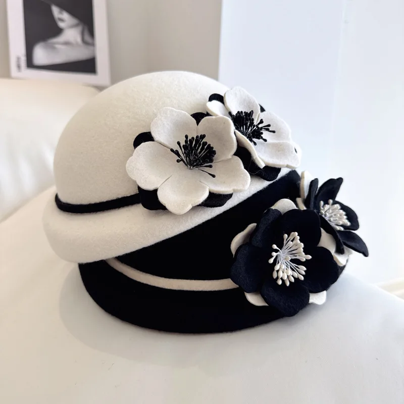 Small fragrant camellia beret High quality Australian wool felt hat Hepburn style elegant fashion hat