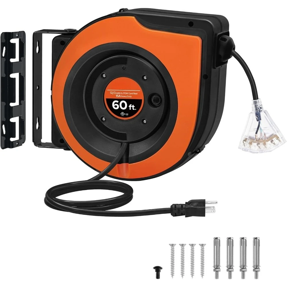 

Retractable Extension Cord Reel 60FT Heavy Duty 12AWG 3C SJTOW 3 Grounded Outlets Triple Tap 15A Circuit Breaker Wall Ceiling