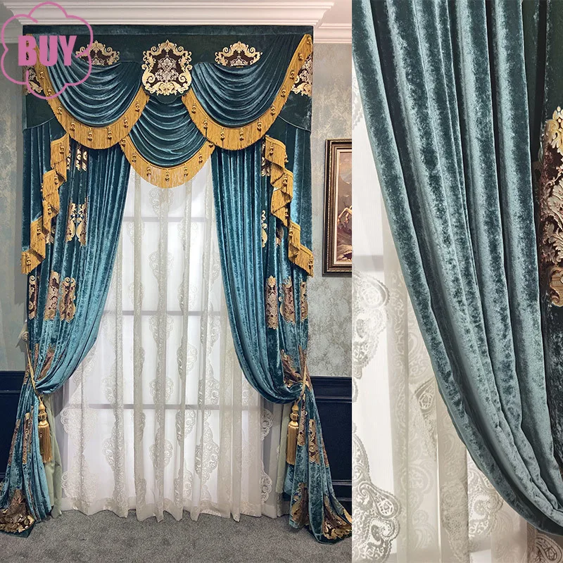 

Customized Blue Gilded Embroidered Velvet Fabric for Palaces Curtains for Living Rooms Bedrooms Villas High Window Screens