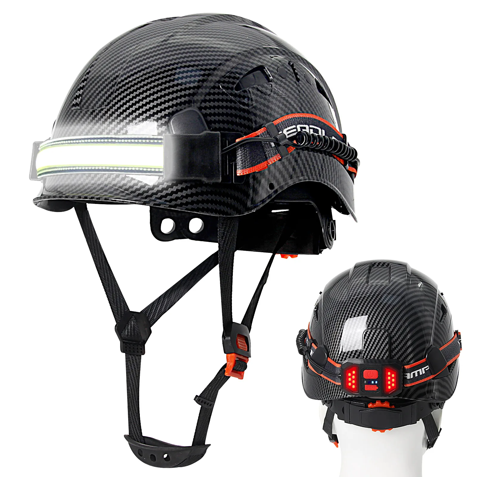 CE Carbon Fiber Safety Helmet With Led Headlight Strip and Taillight ABS ANSI Hard Hats Breathable Light Weight Fashion Helmets