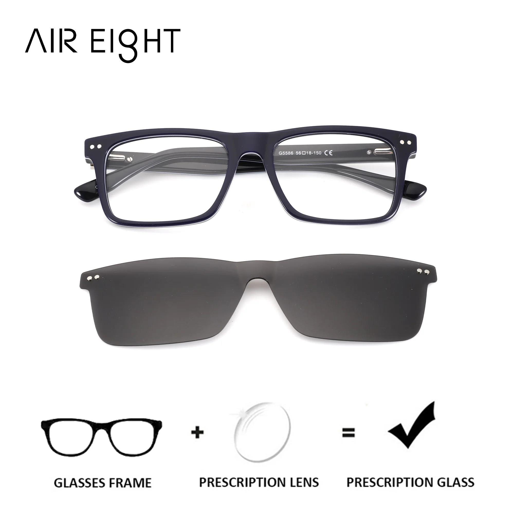 AIREIGHT Rectangle Acetate Clip on Prescription Glasses UV400 For Men Magnetic Myopia Optical Lenses Photochromic Eyewear