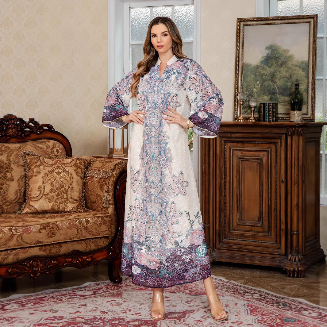 

Fashion Vintage Collar Abaya Maxi Dress Oriental Embroidery Dress Muslim Embroidered Long Robe Eid Ramadan Dubai Abayas Kaftan