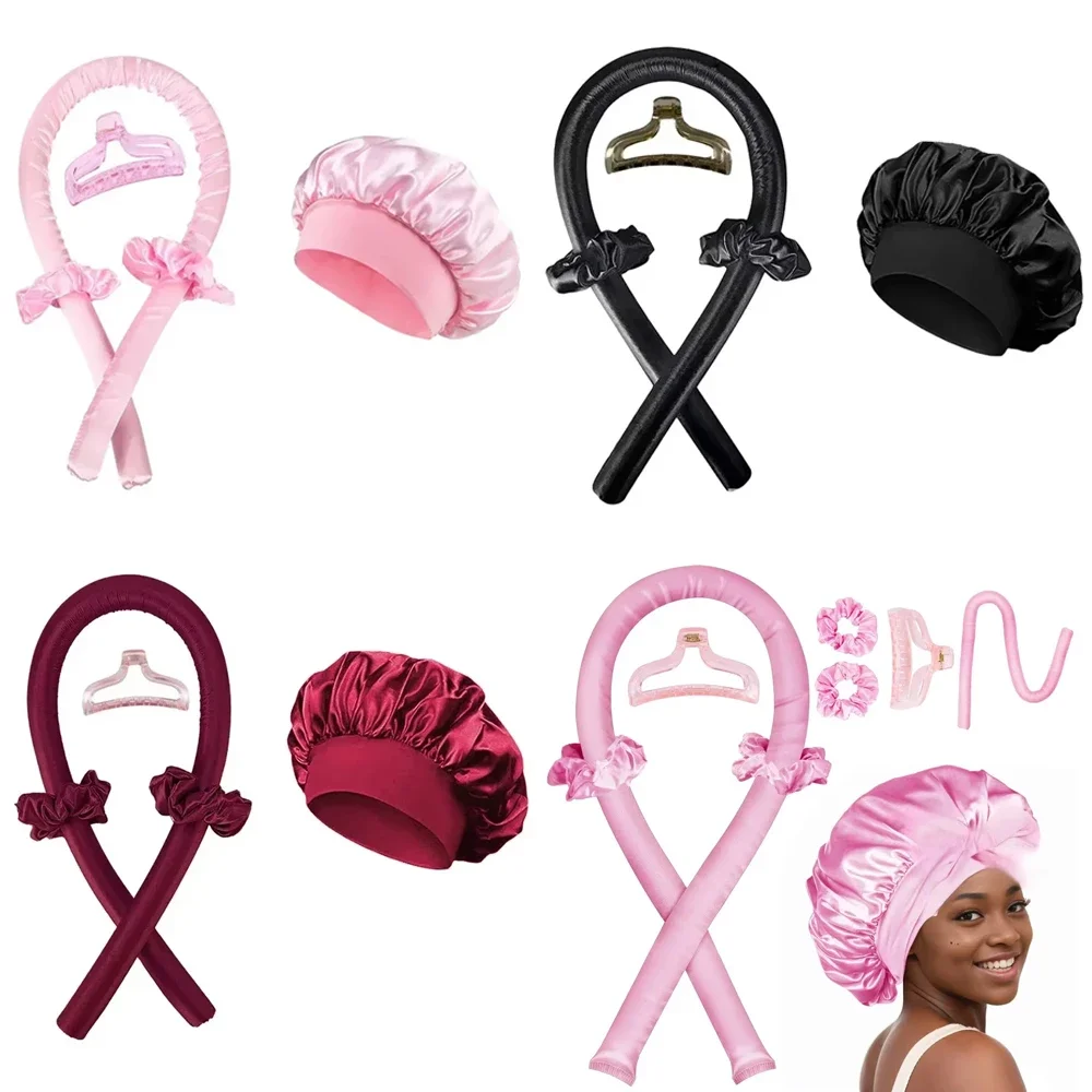 

Heatless Curling Rod Satin Silk Sleeping Cap Set Headwrap Natural Curly Hair Long Hair Care Wave Sleeping Curling Styling Tools