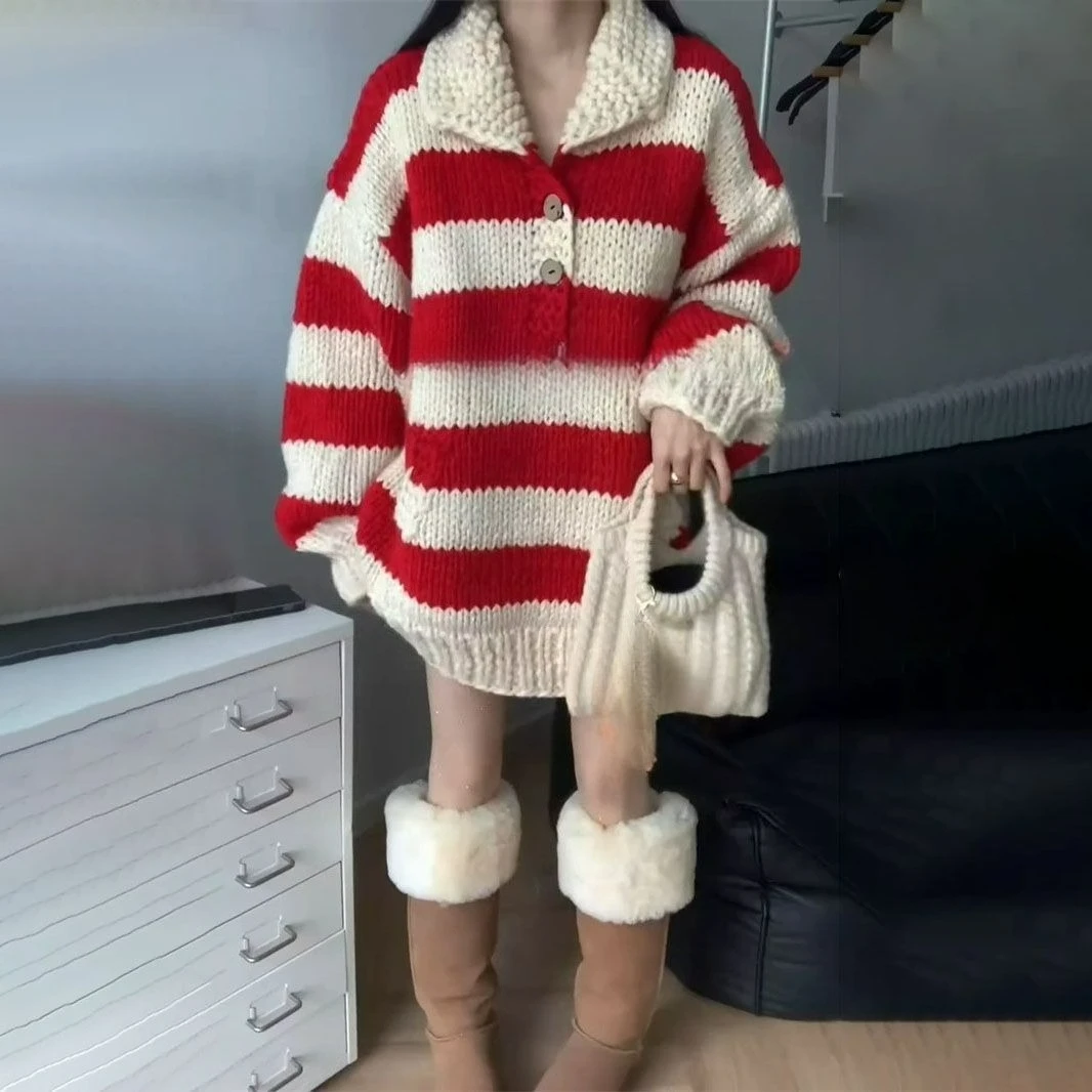 

Осень-зима 2022, новый свободный свитер в полоску в стиле ретро с кукольным вырезом, женский повседневный вязаный топ