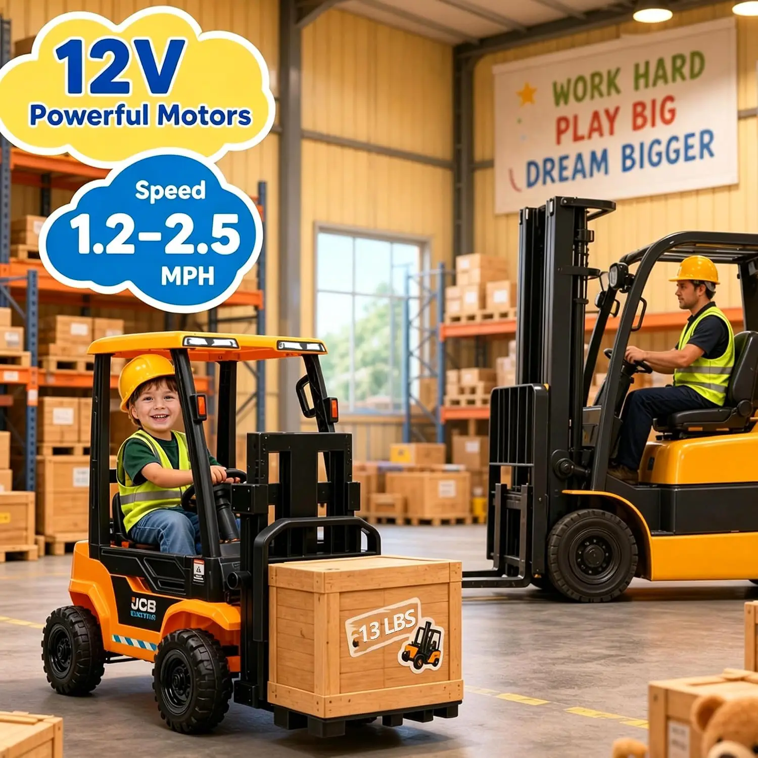 12V Ride On Forklift Car for Kids, Licensed JCB Electric Construction Ride On Toy with Liftable Fork, Remote Control, Spring Sus