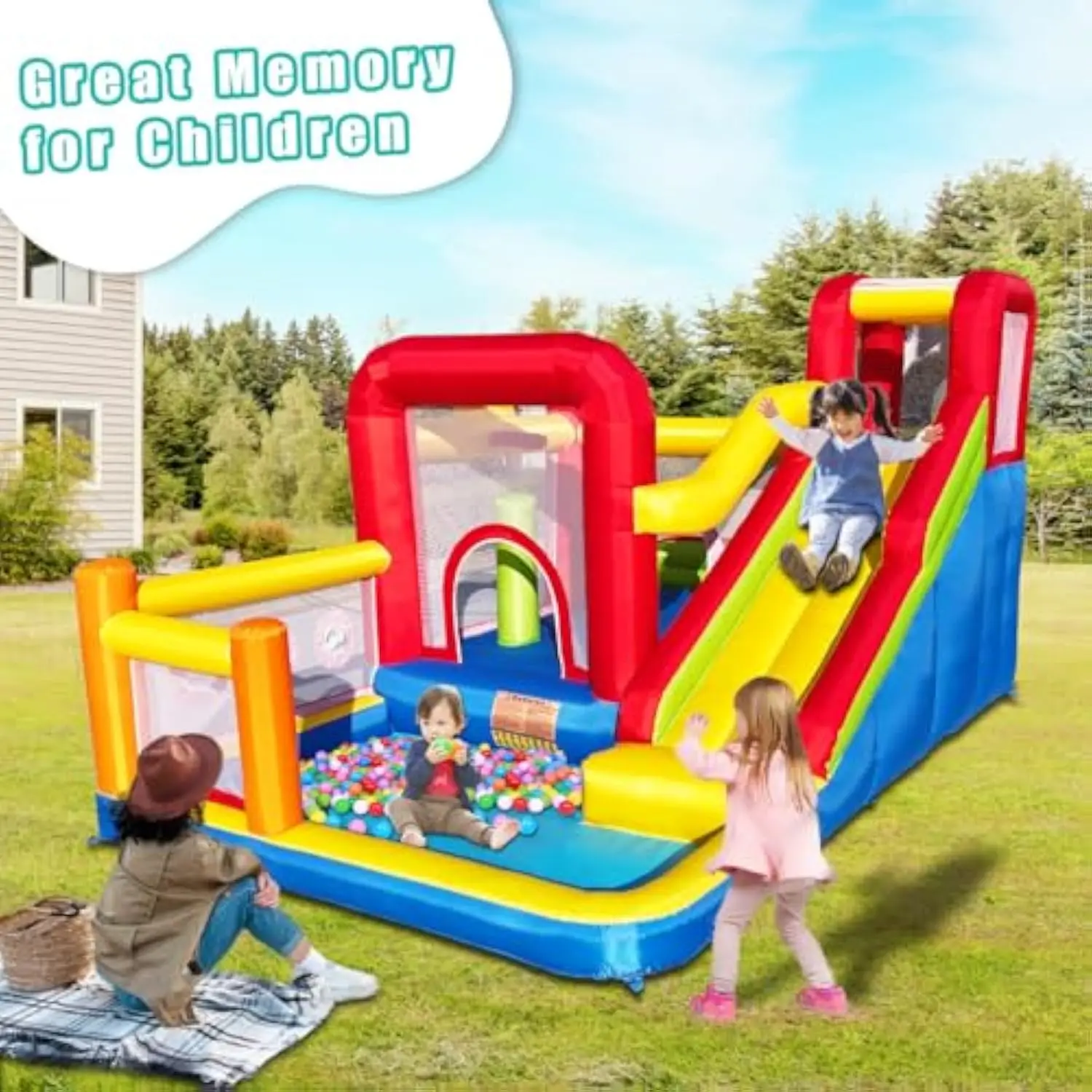 Bounce House, Inflatable Bounce Castle with Blower for Kids, Blow Up Jumping Bouncer with Slide, Climbing Wall, Obstacles