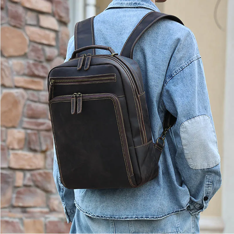 Men Crazy Horse Leather Backpack laptop Retro Rucksack Large Capacity Travel Backpack Big Male Computer Bag Cow Leather Bagpack
