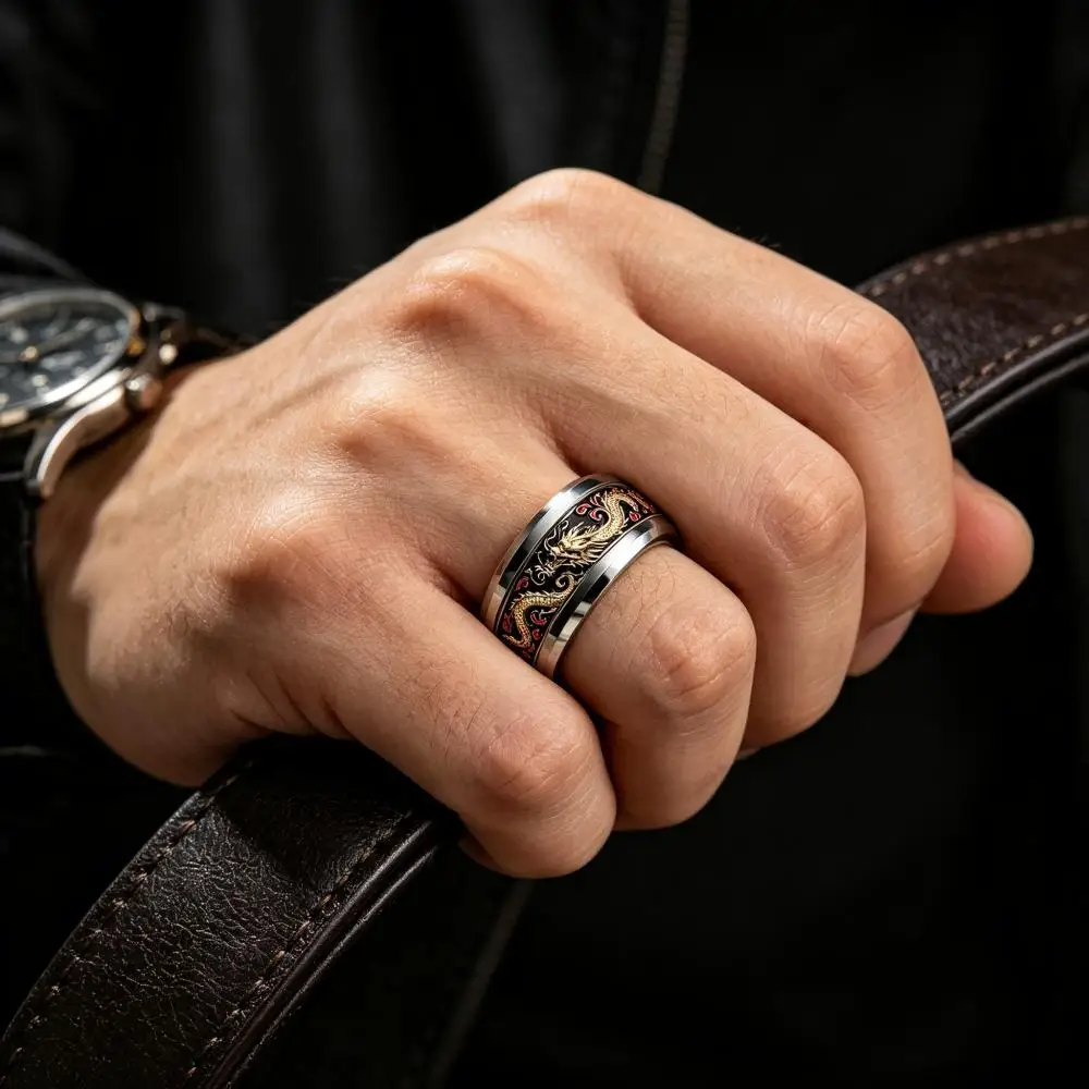 Cooler, imposanter Glücksdrachenring im Retro-Punk-Stil aus Edelstahl für Männer, Rock-Biker-Schmuck, Anillos Hombre – Detail 7
