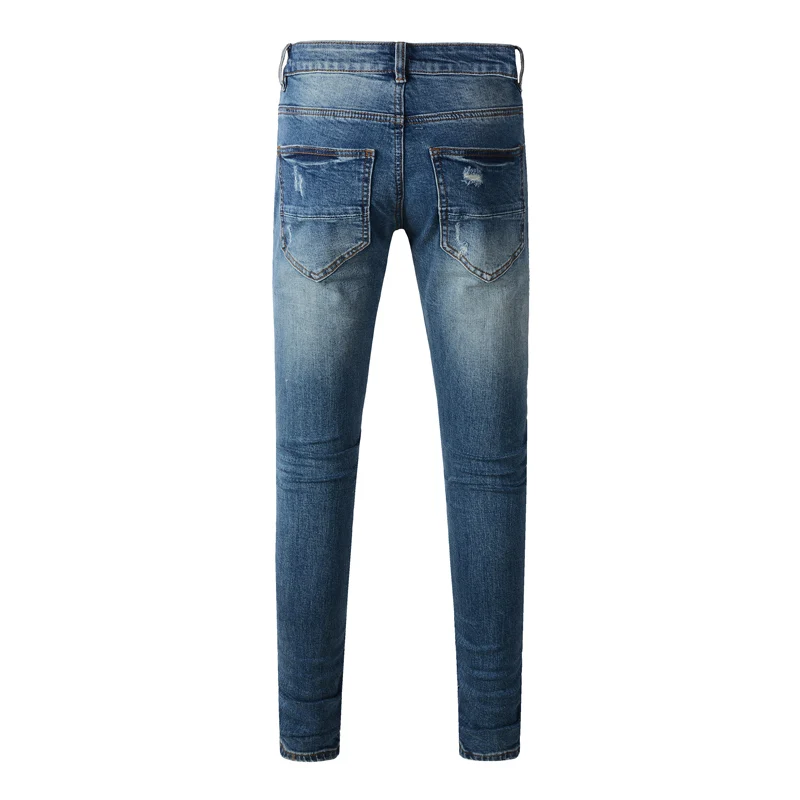 Designer High Street Fashion Blue Jeans Stretch Slimming Retro Washed Jeans Red Patched Hip Hop Brand Splicing Pants Hombre