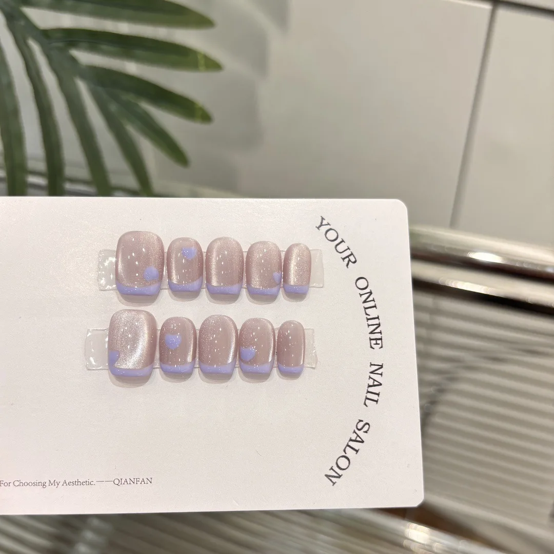 10 Stück karierte Stern-Press-on-Nägel, süß, cool, kurz, quadratisch, künstliche Nägel, Glitzer-Diamant, falscher Nagel, lila Katzenaugen-Nagel für würziges Mädchen