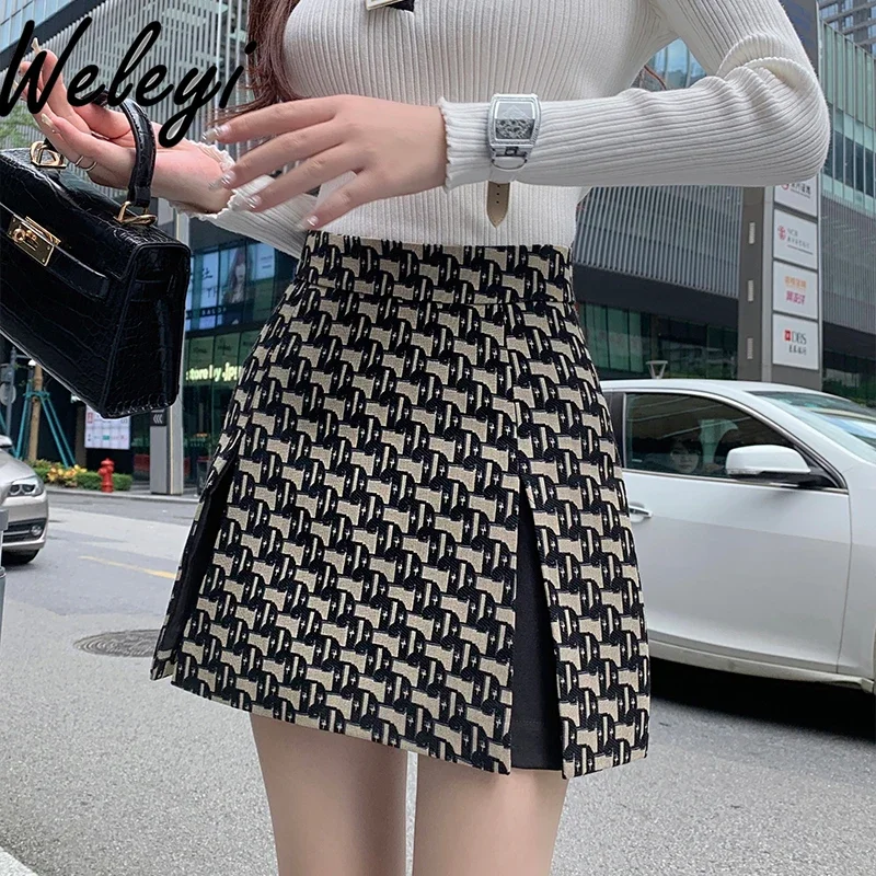 

Woman's Jacquard Fabric Mini Skirt Elegant 2024 Fall New Office Ladies High Waist Slimming Split Culottes A Line Short Skirts