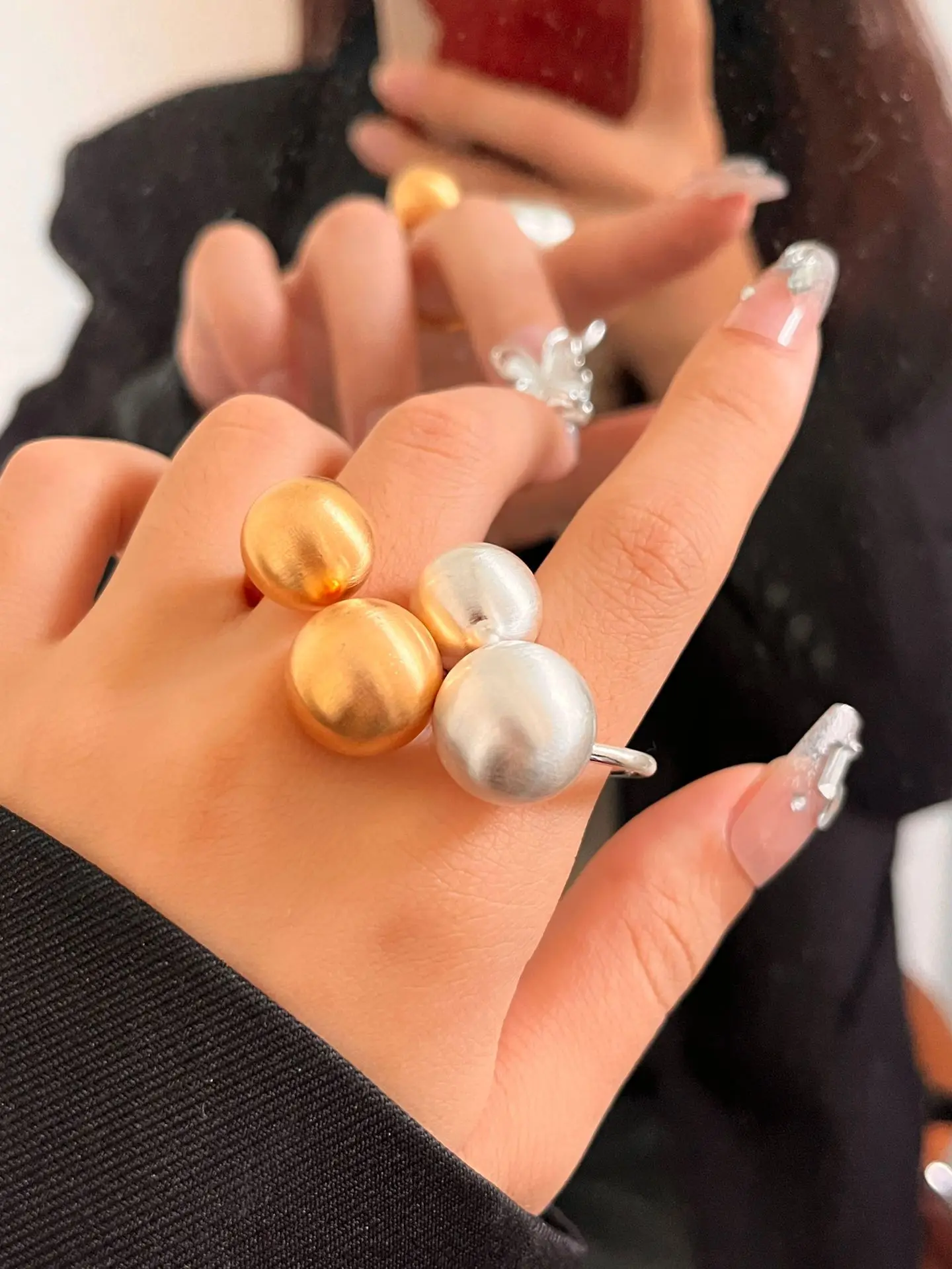 Europe and America New Trend Metal Brushed Round Ball Opening Rings for Women Simple Retro Adjustable Jewelry Gifts