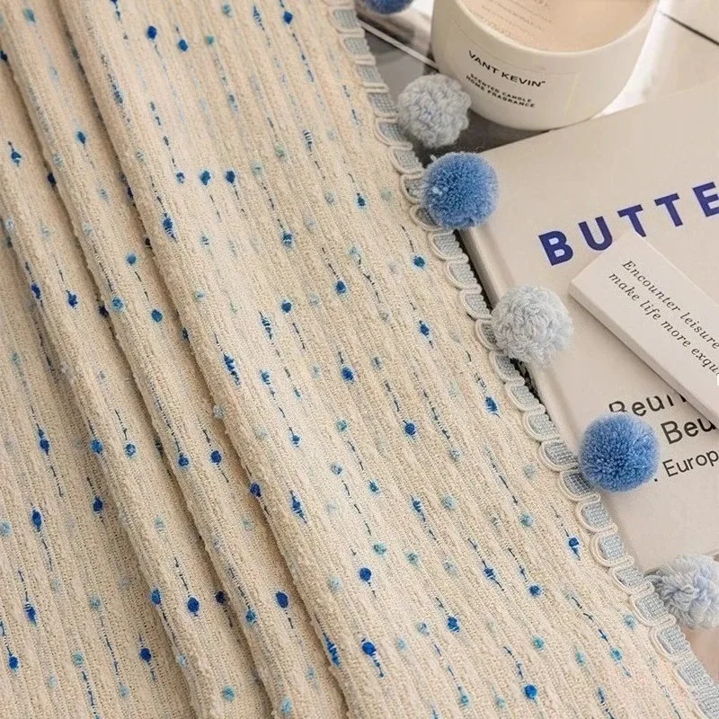 French Luxury Blackout Cream Blue Ice Cream Jacquard Curtains for Living Room High Window Drapes Chenille Thermal Insulated
