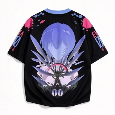 New Century Evangelion Zero Machine, Ayanami Mesh Shirt, Rose Red Splash Ink Graffiti Background, Casual Loose T-shirt