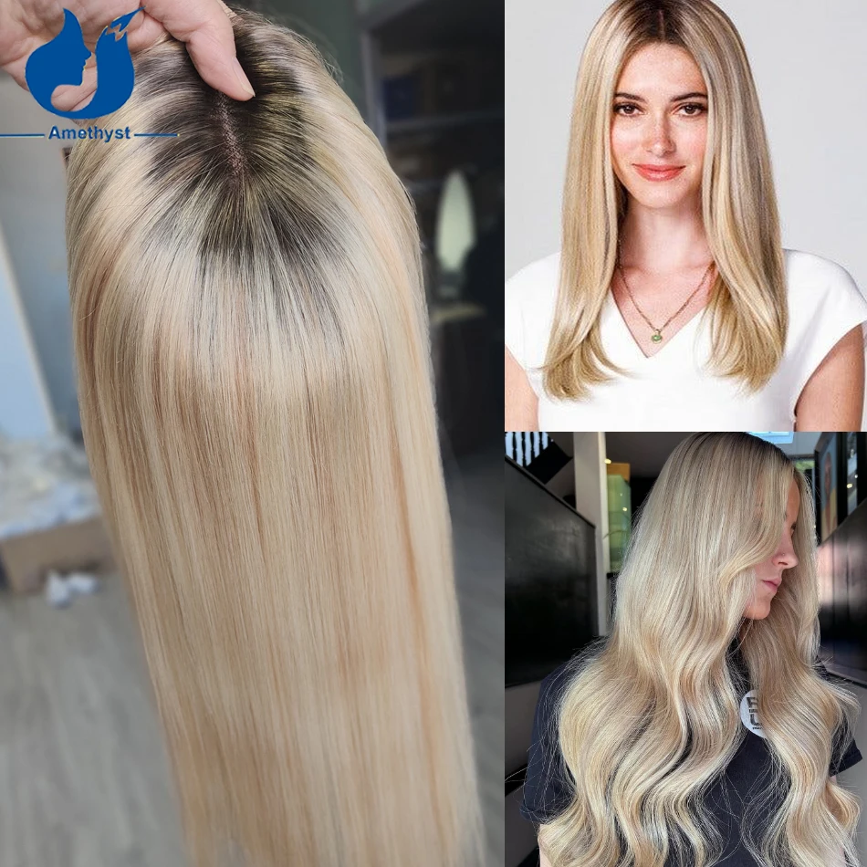 Amethist Rechte Zijde Basis Haar Topper met Balayage Ombre Hoogtepunt Maagdelijk Europees Menselijk Haar voor Vrouwen met Donkere Wortel 5 "x 6"