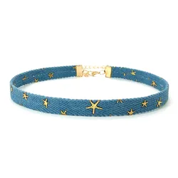 Neo-Gothic Denim Fabric Choker Retro Star Blue Cloth Chain Necklace For Women Fashion Winter Jewelry Trend Accessories