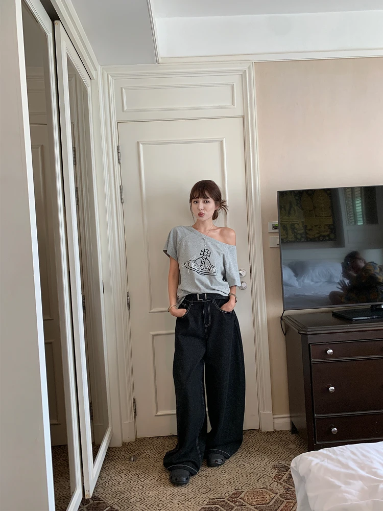 

Джинсы NanaByNana винтажные прямые женские летние свободные повседневные брюки в пол из хлопкового стрейч-денима с завышенной талией