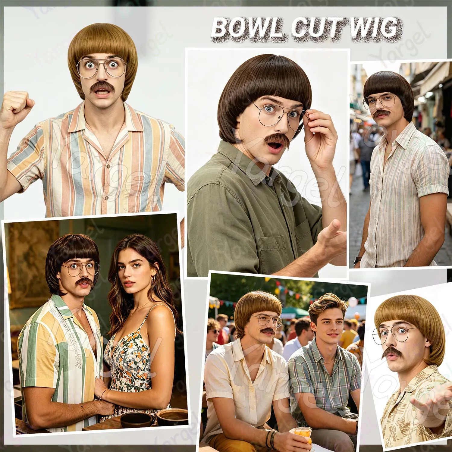 Synthetic Short Straight 60 70s Bowl Cut Funny Wig with Glasses and Mustache for Men Crazy Mushroom Cosplay Wig for Halloween