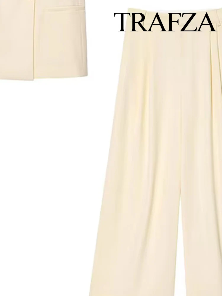 

TRAFZA Women Fashion Suit Solid Turn-Down Collar Sleeveless Pockets Single-Breasted Vest Top+High Waist Zipper Summer Long Pants
